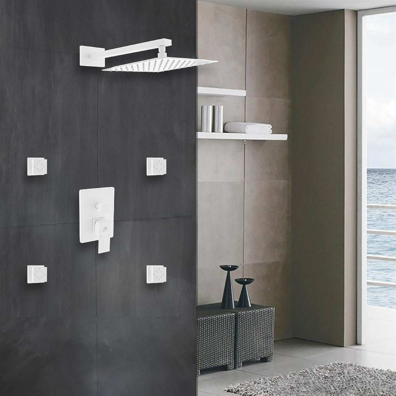 Aqua Piazza White Shower Set w/ 12" Square Rain Shower and 4 Body Jets