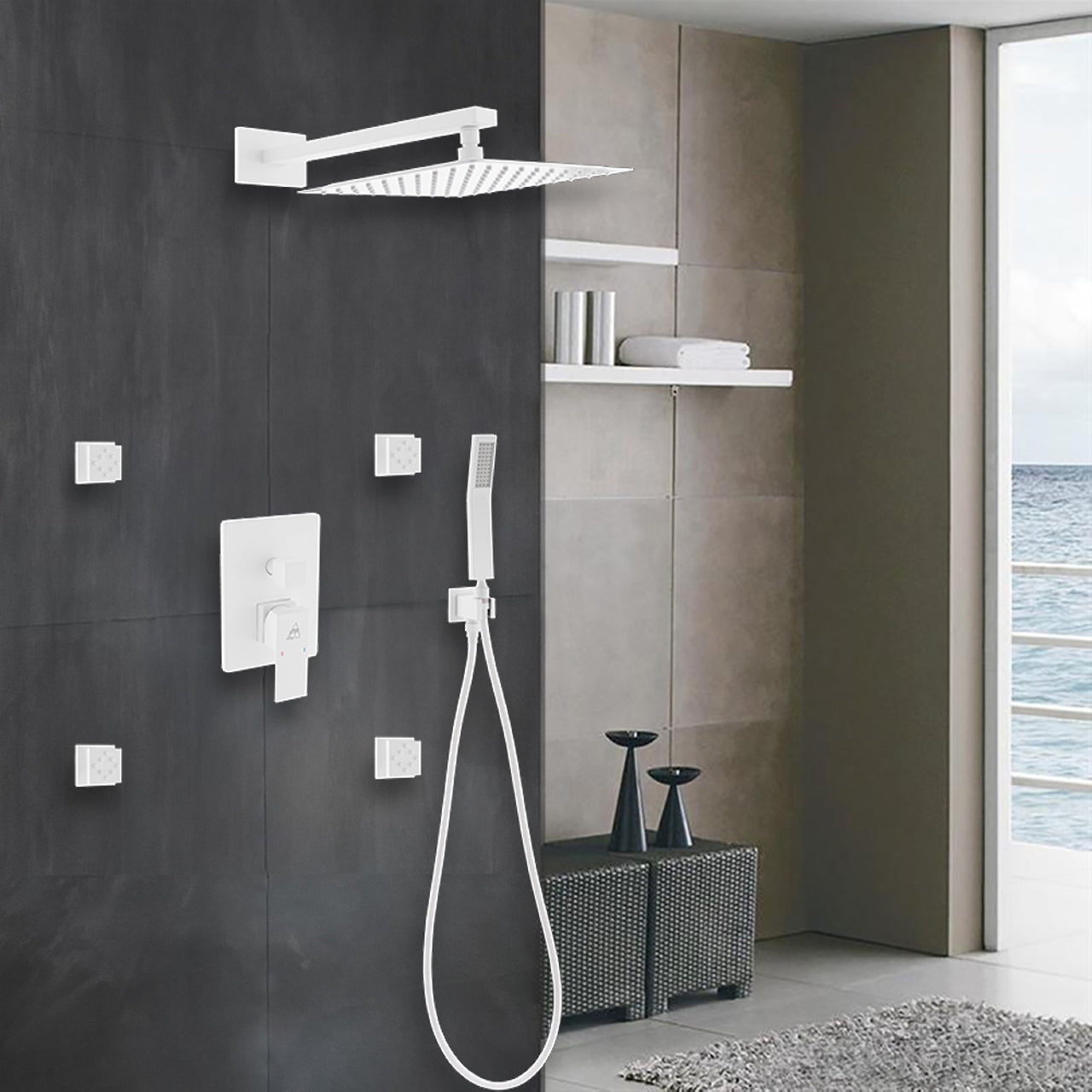 Aqua Piazza White Shower Set w/ 12" Square Rain Shower, Handheld and 4 Body Jets