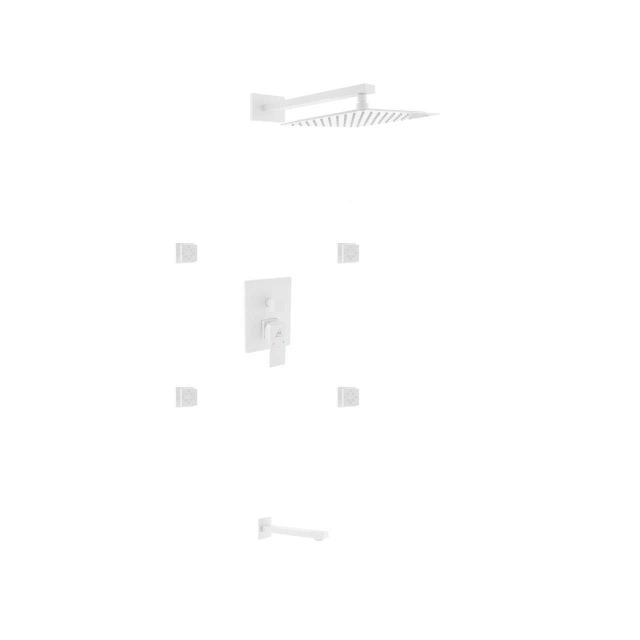 Aqua Piazza White Shower Set w/ 12" Square Rain Shower, Tub Filler and 4 Body Jets
