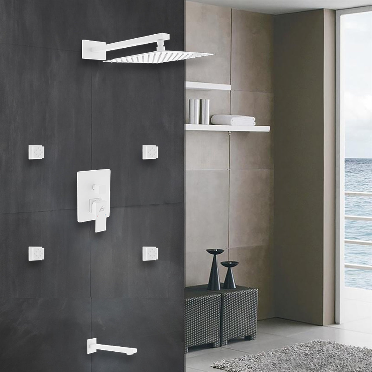 Aqua Piazza White Shower Set w/ 12" Square Rain Shower, Tub Filler and 4 Body Jets