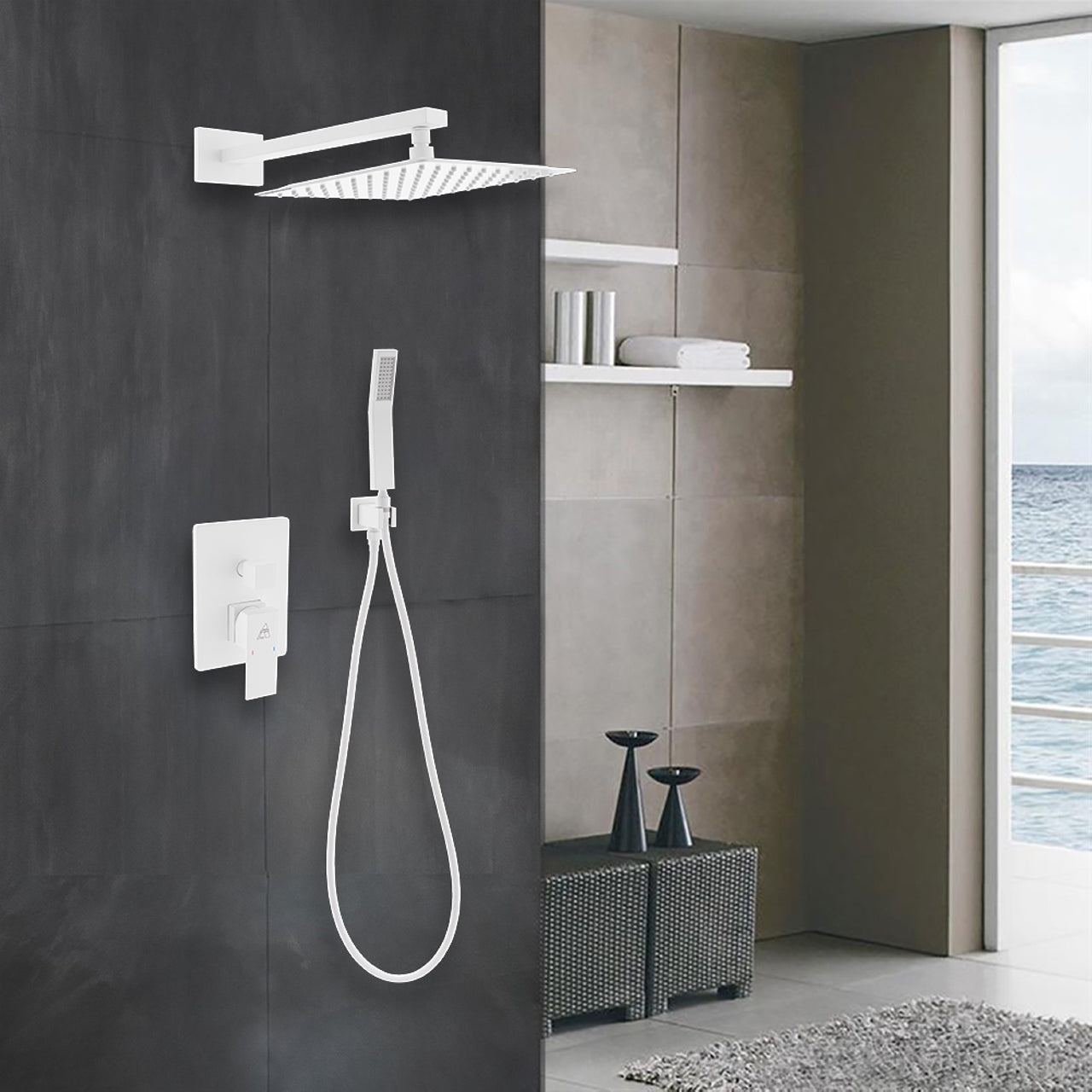 Aqua Piazza White Shower Set w/ 12" Square Rain Shower and Handheld