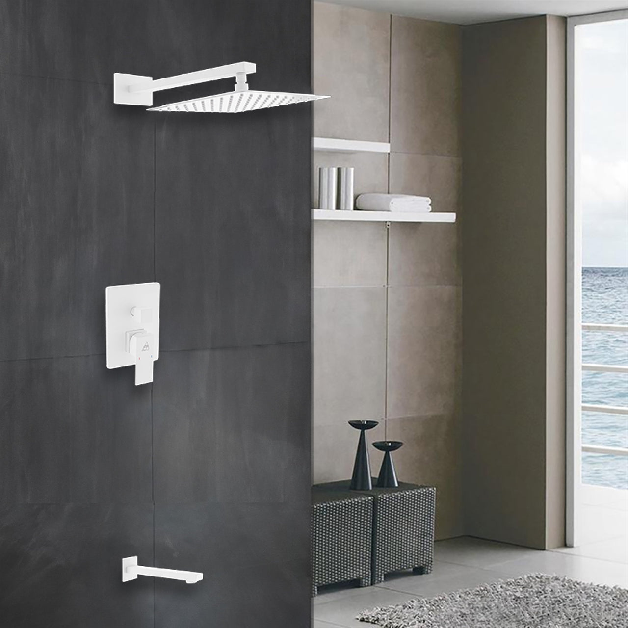 Aqua Piazza White Shower Set w/ 12" Square Rain Shower and Tub Filler