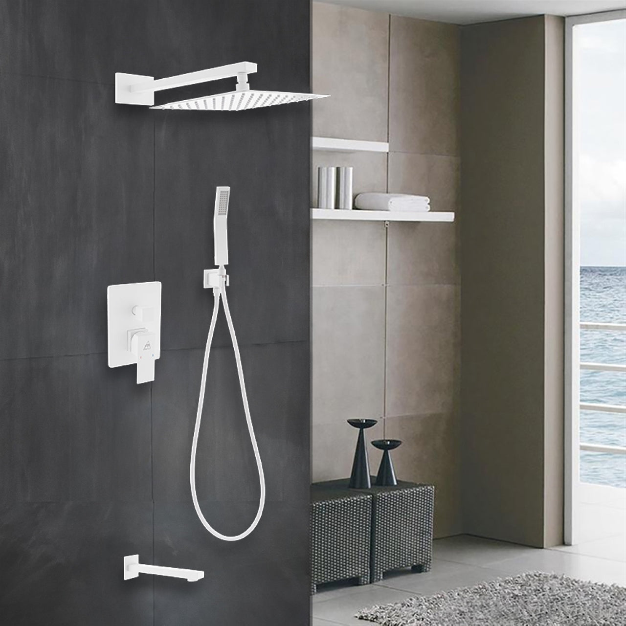 Aqua Piazza White Shower Set w/ 12" Square Rain Shower, Tub Filler and Handheld