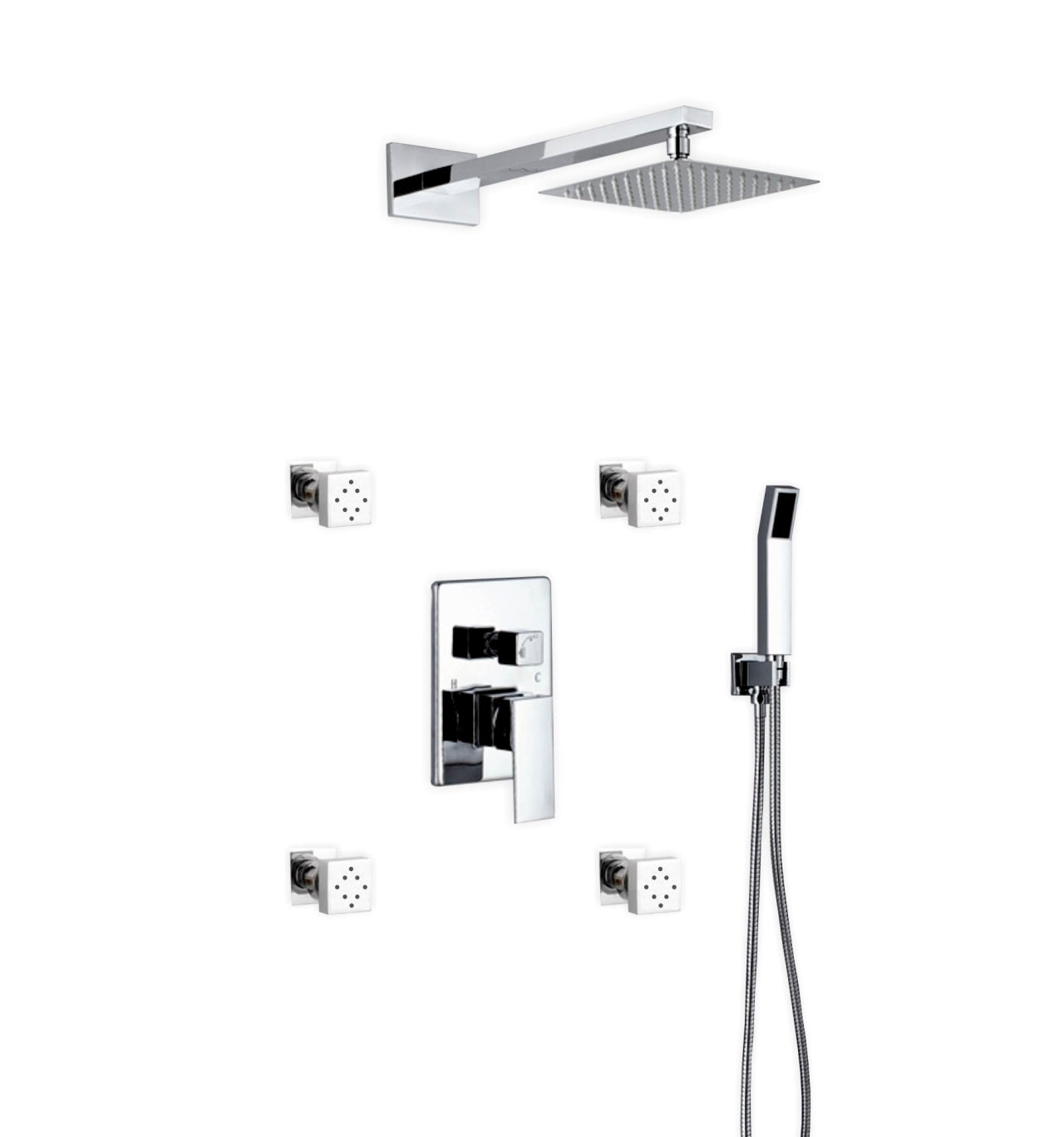 Aqua Piazza Brass Shower Set w/ 8" Square Rain Shower, 4 Body Jets and Handheld