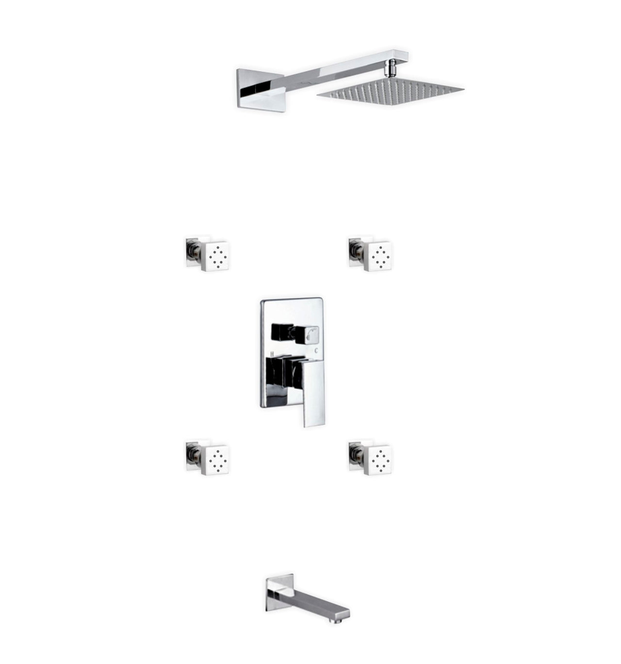 Aqua Piazza Shower Set w/ 8" Square Rain Shower, 4 Body Jets and Tub Filler