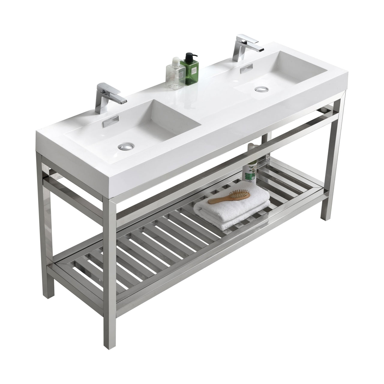 Kube Cisco 60" Stainless Steel Console w/ White Acrylic Double Sink Chrome