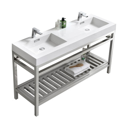 Kube Cisco 60" Stainless Steel Console w/ White Acrylic Double Sink Chrome