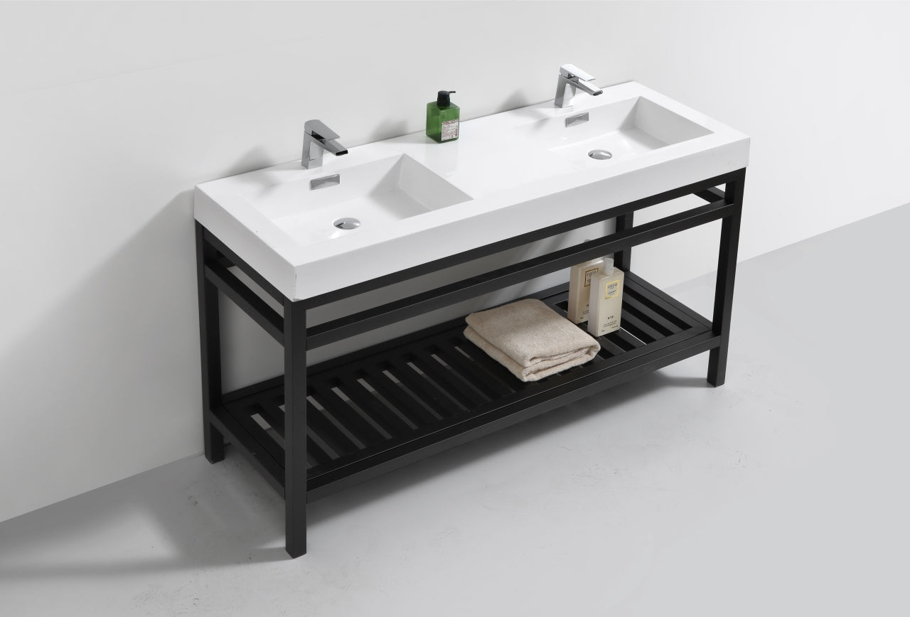 Kube Cisco 60" Stainless Steel Console w/ White Acrylic Double Sink Matte Black