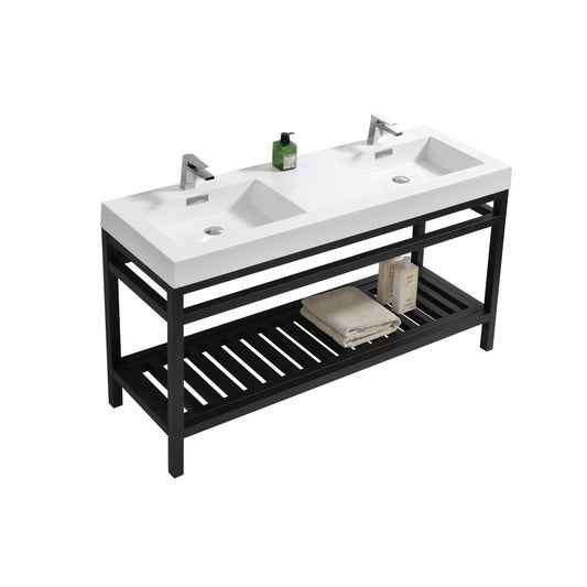 Kube Cisco 60" Stainless Steel Console w/ White Acrylic Double Sink Matte Black