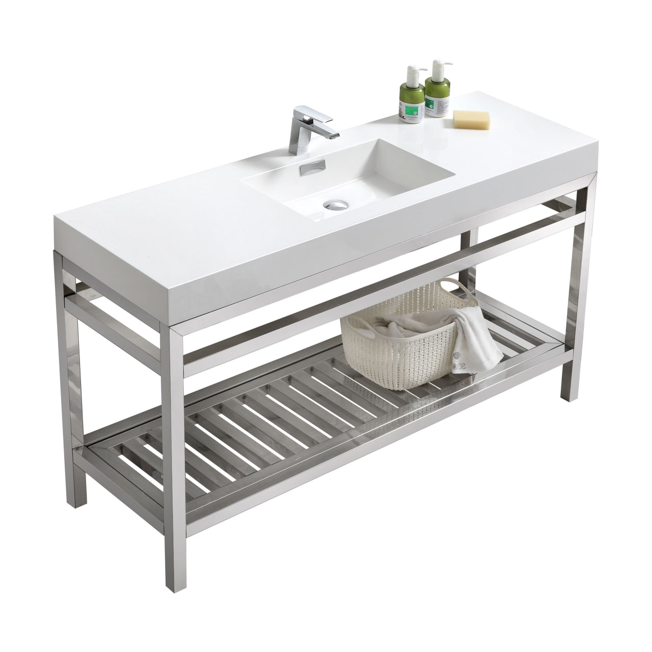 Kube Cisco 60" Stainless Steel Console w/ White Acrylic Single Sink Chrome