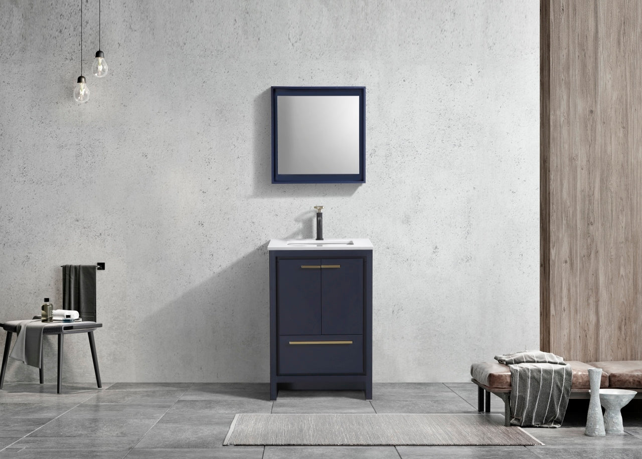 24'' KubeBath Dolce Navy Blue Modern Bathroom Vanity with White Quartz Counter-Top