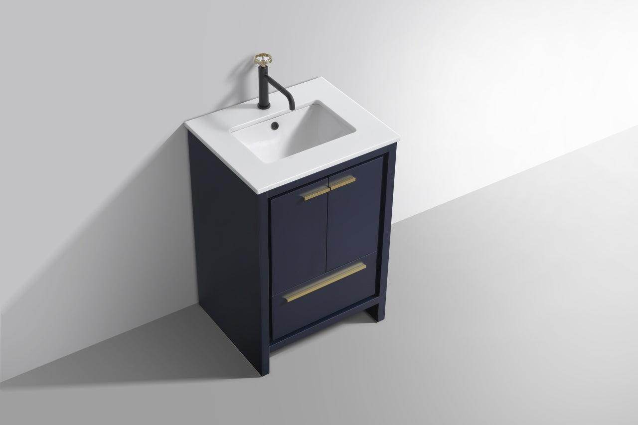 24'' KubeBath Dolce Navy Blue Modern Bathroom Vanity with White Quartz Counter-Top