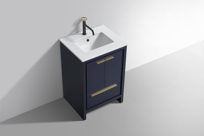 24'' KubeBath Dolce Navy Blue Modern Bathroom Vanity with White Quartz Counter-Top