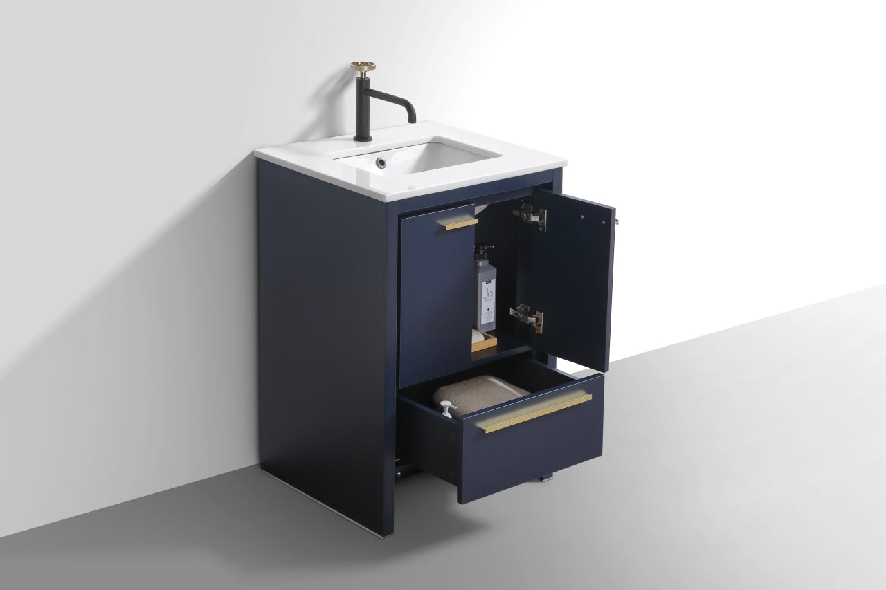 24'' KubeBath Dolce Navy Blue Modern Bathroom Vanity with White Quartz Counter-Top