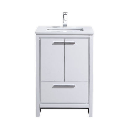 24'' KubeBath Dolce High Gloss White Modern Bathroom Vanity with White Quartz Counter-Top