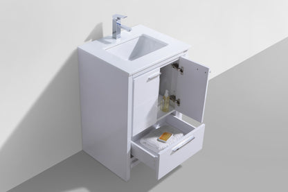 24'' KubeBath Dolce High Gloss White Modern Bathroom Vanity with White Quartz Counter-Top