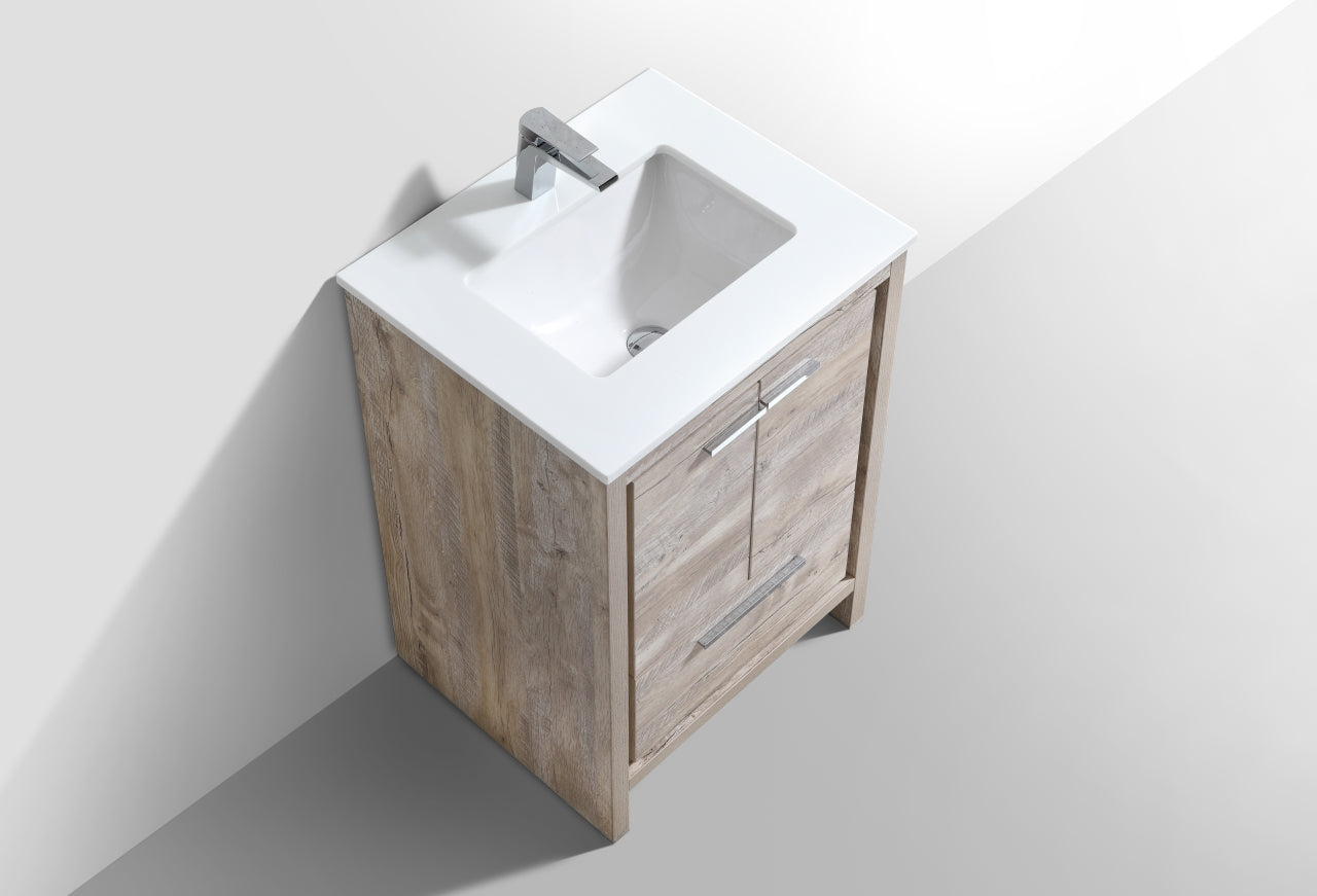 24'' KubeBath Dolce Nature Wood Modern Bathroom Vanity with White Quartz Counter-Top