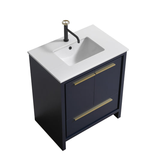 30'' KubeBath Dolce Navy Blue Modern Bathroom Vanity with White Quartz Counter-Top