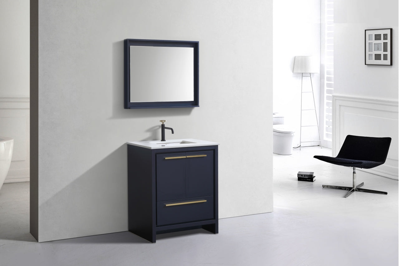 30'' KubeBath Dolce Navy Blue Modern Bathroom Vanity with White Quartz Counter-Top