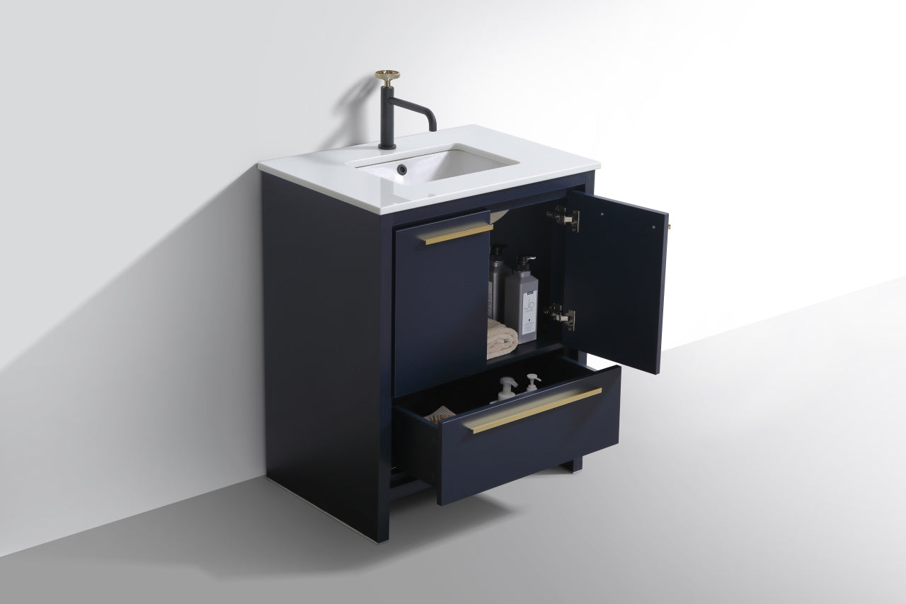 30'' KubeBath Dolce Navy Blue Modern Bathroom Vanity with White Quartz Counter-Top