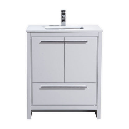 30'' KubeBath Dolce High Gloss White Modern Bathroom Vanity with White Quartz Counter-Top