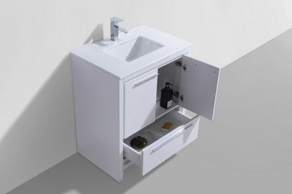 30'' KubeBath Dolce High Gloss White Modern Bathroom Vanity with White Quartz Counter-Top