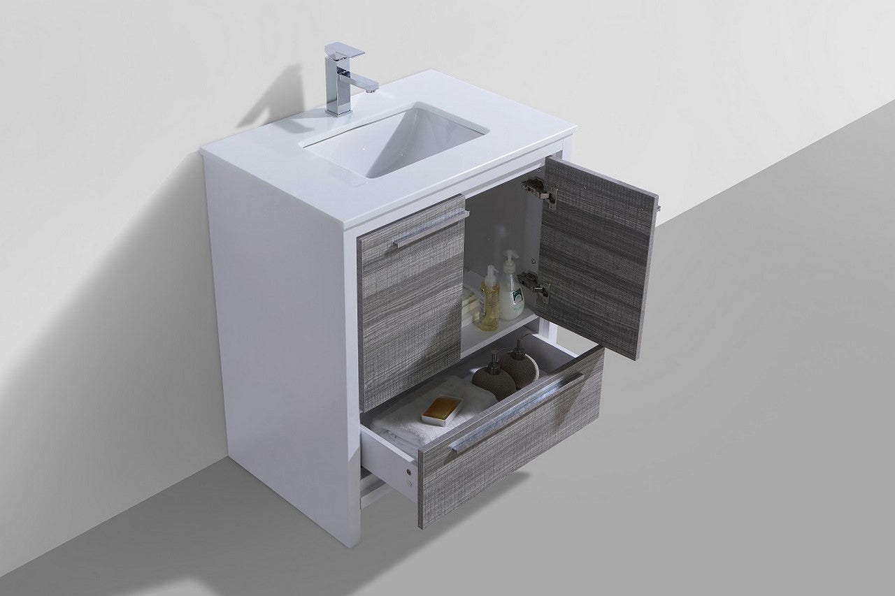 30'' KubeBath Dolce Ash Gray Modern Bathroom Vanity with White Quartz Counter-Top
