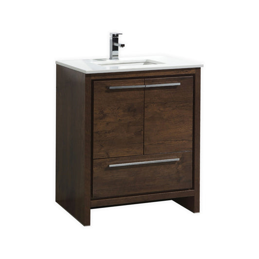 30'' KubeBath Dolce Rose Wood Modern Bathroom Vanity with White Quartz Counter-Top
