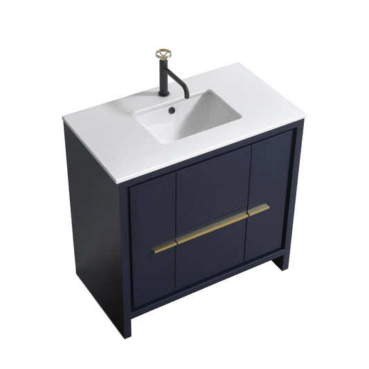 36'' KubeBath Dolce Navy Blue Modern Bathroom Vanity with White Quartz Counter-Top