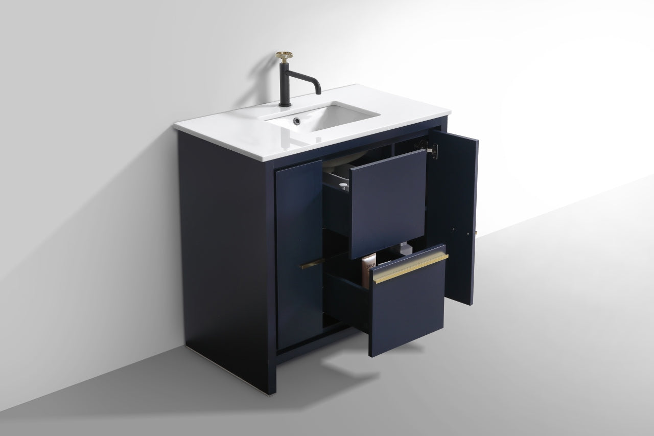 36'' KubeBath Dolce Navy Blue Modern Bathroom Vanity with White Quartz Counter-Top