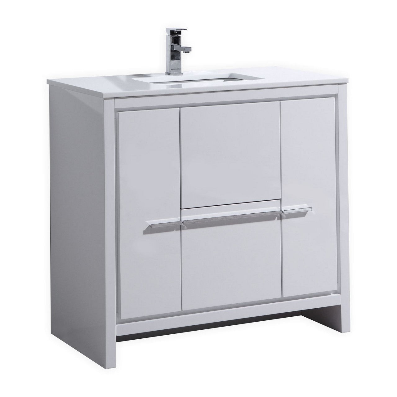 36'' KubeBath Dolce High Gloss White Modern Bathroom Vanity with White Quartz Counter-Top