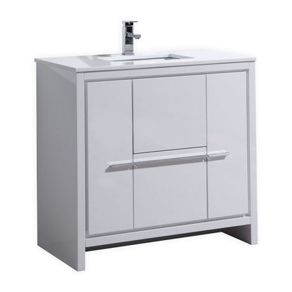 36'' KubeBath Dolce High Gloss White Modern Bathroom Vanity with White Quartz Counter-Top