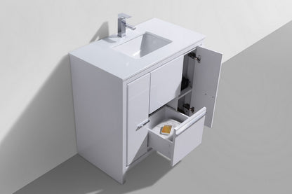36'' KubeBath Dolce High Gloss White Modern Bathroom Vanity with White Quartz Counter-Top