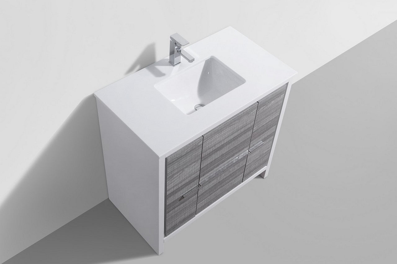 36'' KubeBath Dolce Ash Gray Modern Bathroom Vanity with White Quartz Counter-Top