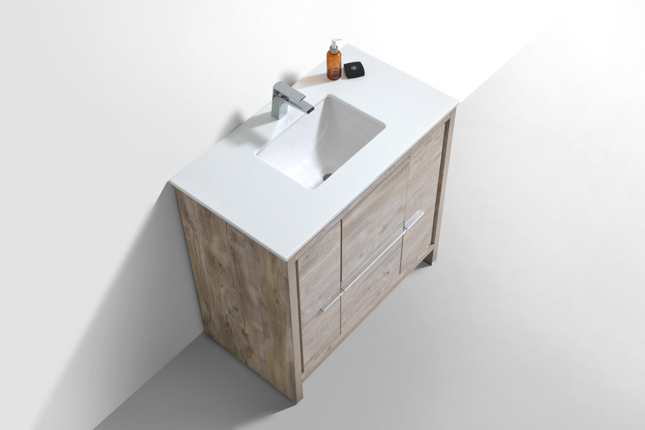 36'' KubeBath Dolce Nature Wood Modern Bathroom Vanity with White Quartz Counter-Top