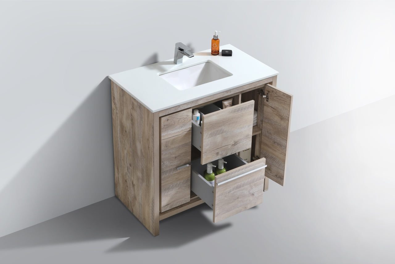 36'' KubeBath Dolce Nature Wood Modern Bathroom Vanity with White Quartz Counter-Top