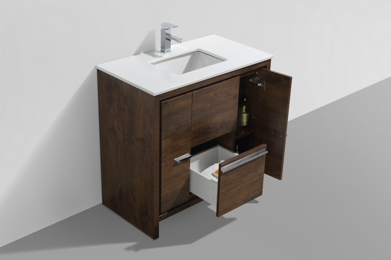 36'' KubeBath Dolce Rose Wood Modern Bathroom Vanity with White Quartz Counter-Top