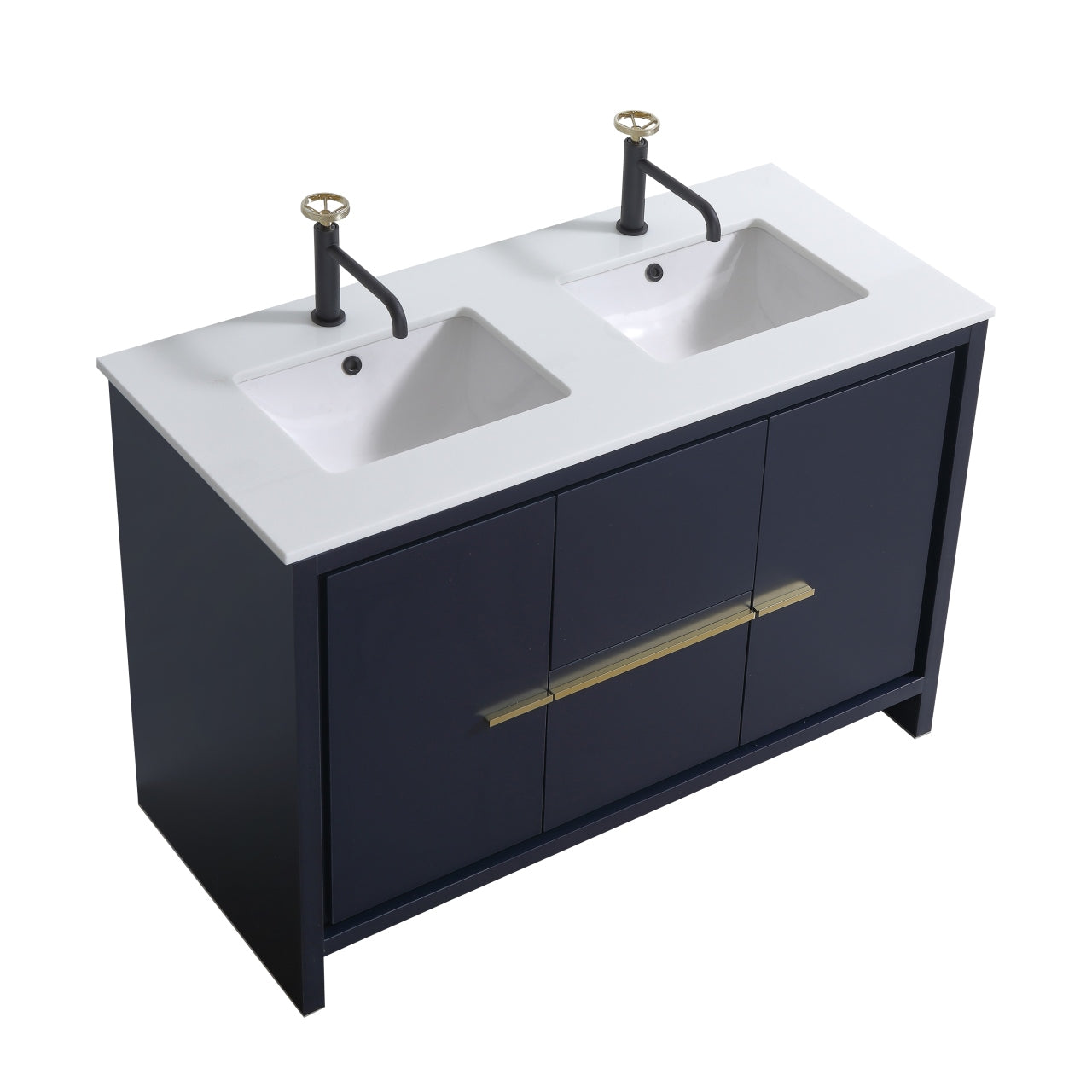 48'' KubeBath Dolce Double Sink Navy Blue Modern Bathroom Vanity with White Quartz Counter-Top