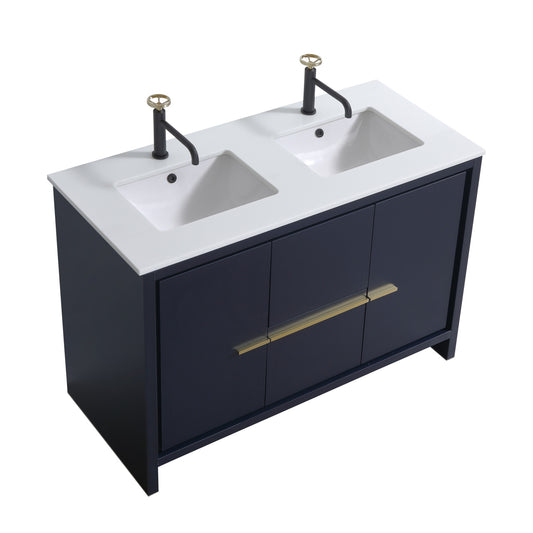 48'' KubeBath Dolce Double Sink Navy Blue Modern Bathroom Vanity with White Quartz Counter-Top
