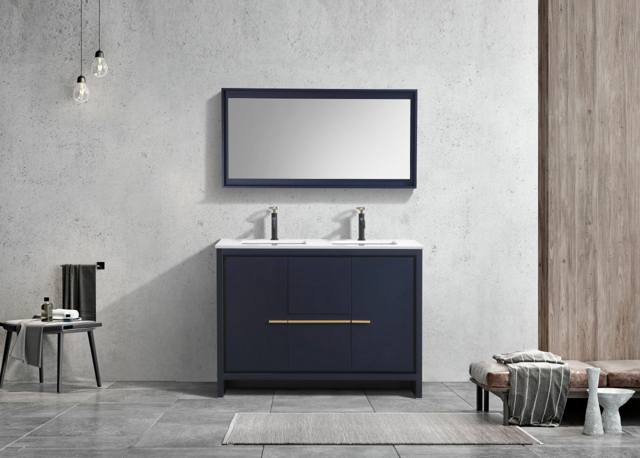 48'' KubeBath Dolce Double Sink Navy Blue Modern Bathroom Vanity with White Quartz Counter-Top