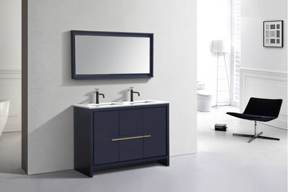 48'' KubeBath Dolce Double Sink Navy Blue Modern Bathroom Vanity with White Quartz Counter-Top