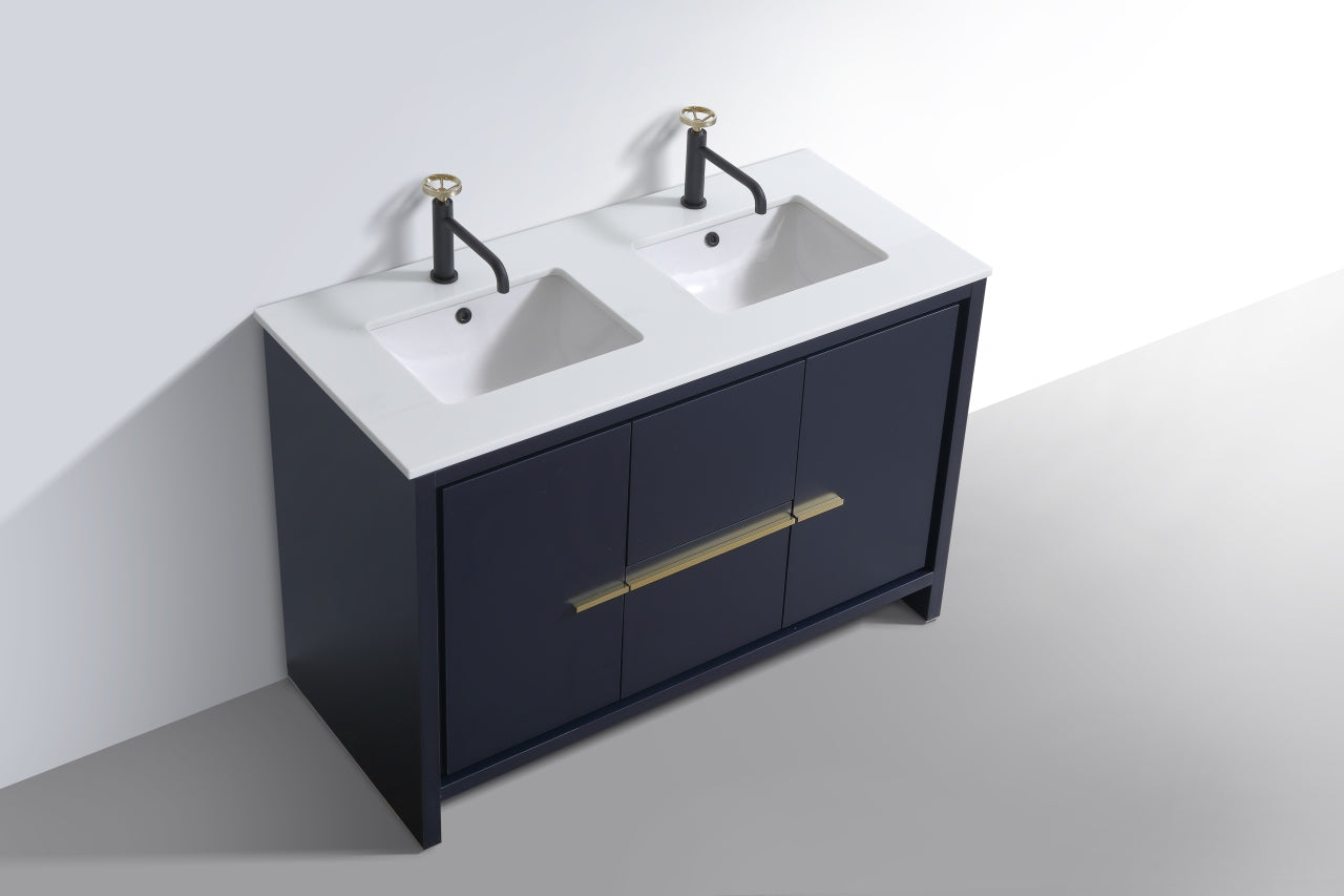 48'' KubeBath Dolce Double Sink Navy Blue Modern Bathroom Vanity with White Quartz Counter-Top