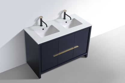 48'' KubeBath Dolce Double Sink Navy Blue Modern Bathroom Vanity with White Quartz Counter-Top