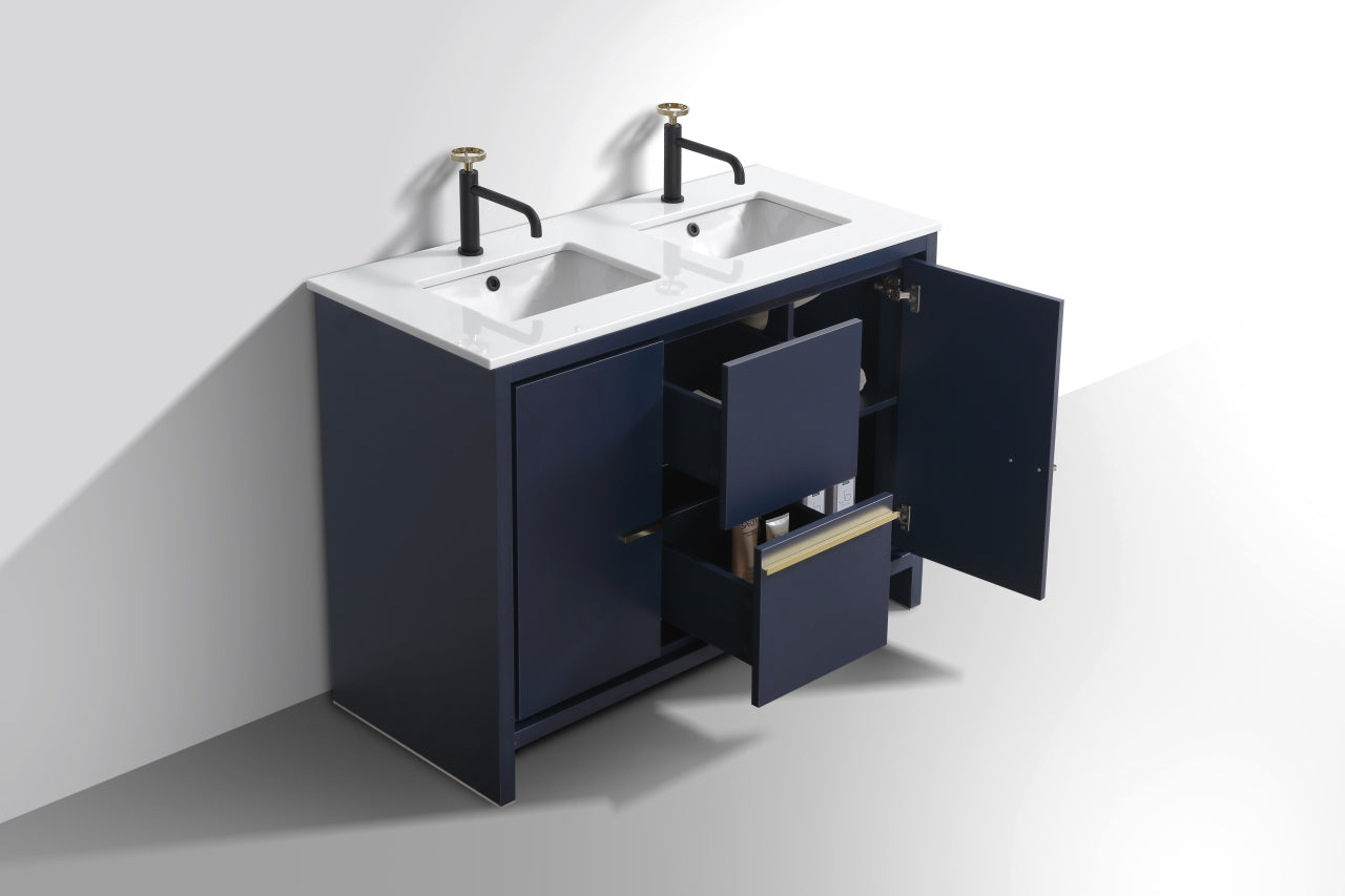 48'' KubeBath Dolce Double Sink Navy Blue Modern Bathroom Vanity with White Quartz Counter-Top