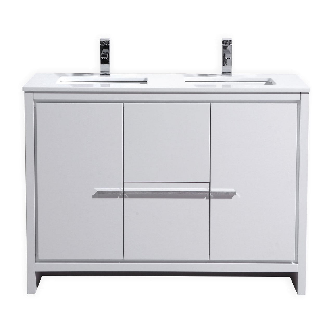 48″ KubeBath Dolce Double Sink High Gloss White Modern Bathroom Vanity with White Quartz Counter-Top
