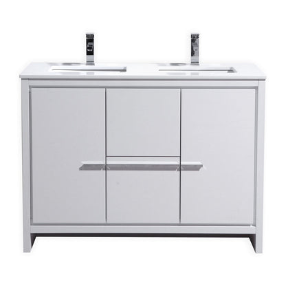 48″ KubeBath Dolce Double Sink High Gloss White Modern Bathroom Vanity with White Quartz Counter-Top