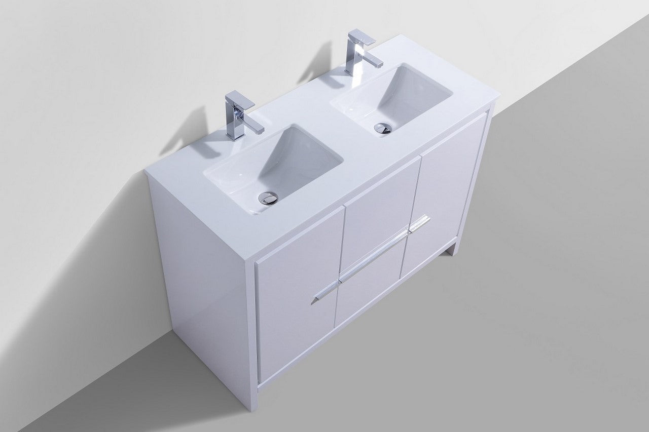 48″ KubeBath Dolce Double Sink High Gloss White Modern Bathroom Vanity with White Quartz Counter-Top