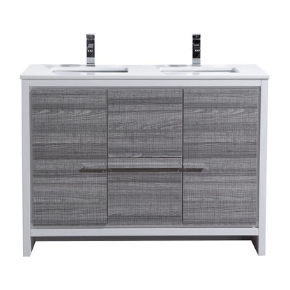 48'' KubeBath Dolce Double Sink Ash Gray Modern Bathroom Vanity with White Quartz Counter-Top