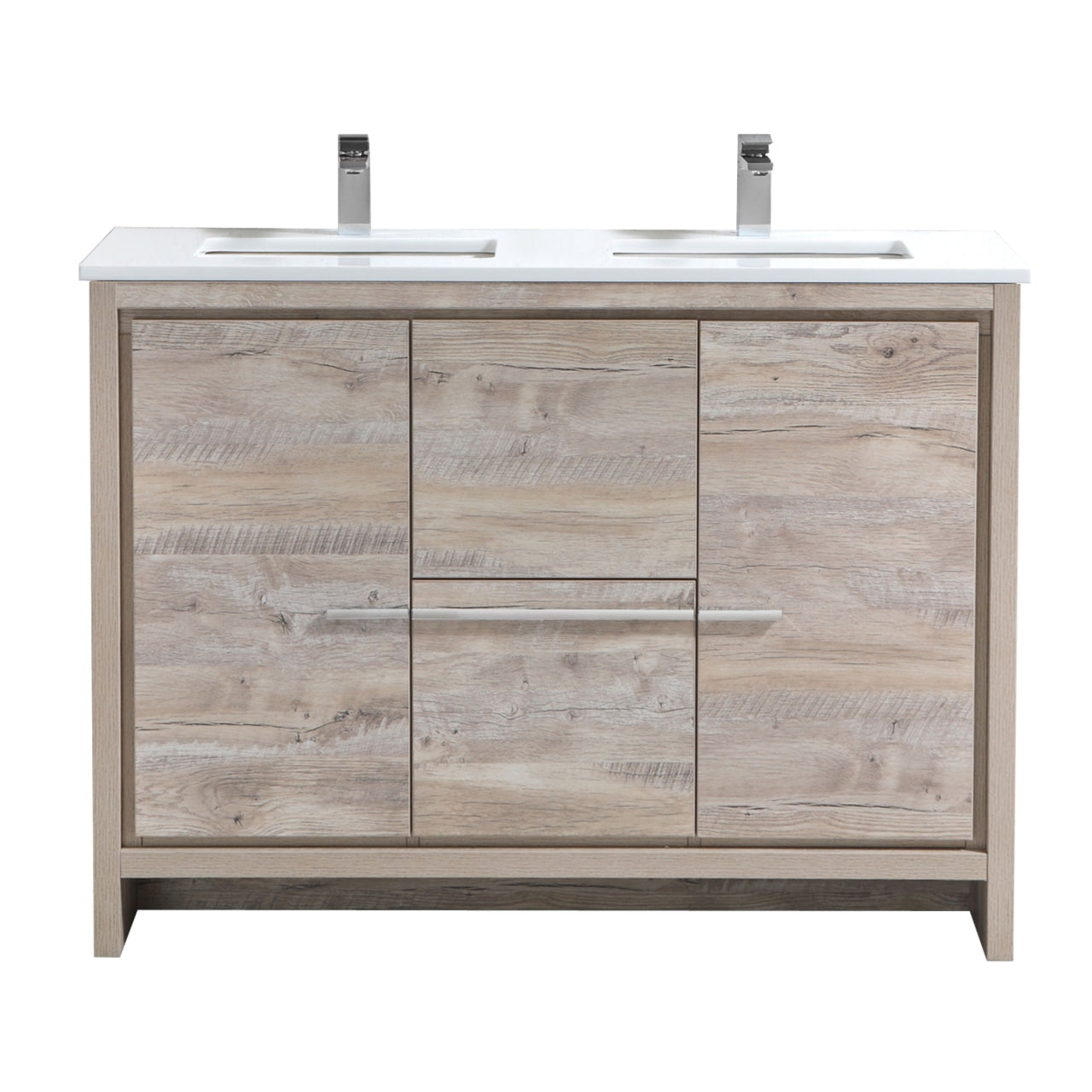 48'' KubeBath Dolce Double Sink Nature Wood Modern Bathroom Vanity with White Quartz Counter-Top