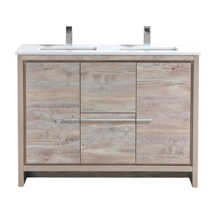48'' KubeBath Dolce Double Sink Nature Wood Modern Bathroom Vanity with White Quartz Counter-Top